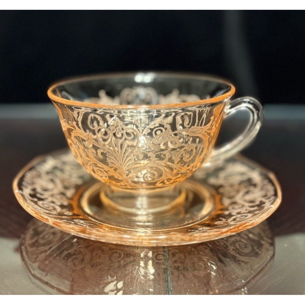 Vintage Fostoria VERSAILLES- PINK Etched Design Cup and Saucer Set EUC
